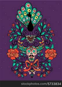 Vintage vector illustration with an ornamental skull, a peacock and blooming roses