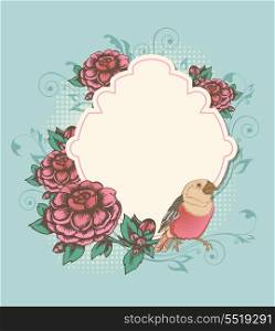 Vintage vector label with pink roses and bird