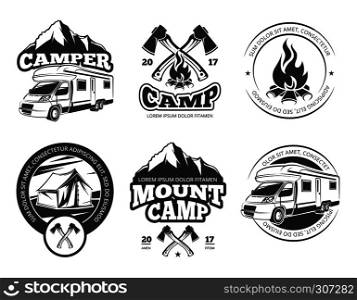Vintage vector labels set with camper near mountain, tent and firtrees. Monochrome camping logo elements. Emblem outdoor adventure camp, illustration of vintage mountain camp label. Vintage vector labels set with camper near mountain, tent and firtrees. Monochrome camping logo elements