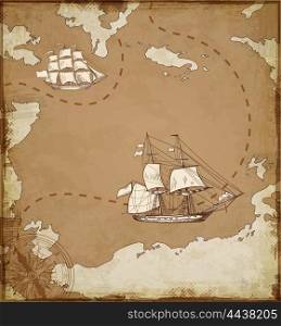 Vintage vector map with sailing vessels. Ancient map with ships.
