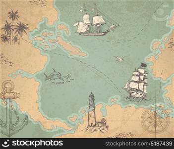 Vintage vector marine map with sailing vessels. Ancient map with ships and compass.