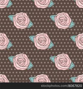 Vintage vector patterns with climbing roses on brown and white polka dot background. Seamless floral background for textile, cards, web, scrapbooking, baby shower and birthday design
