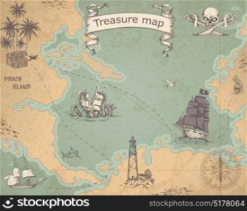Vintage vector pirate map with sailing vessels. Ancient treasure map with ships and compass.