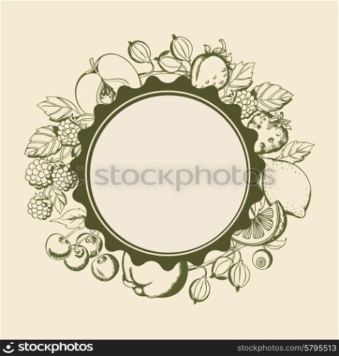Vintage vector round banner with fruits and berries