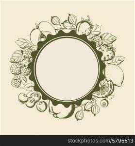 Vintage vector round banner with fruits and berries