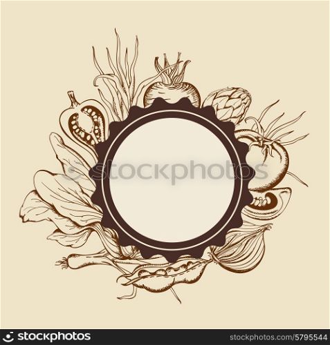 Vintage vector round banner with hand drawn vegetables