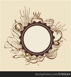 Vintage vector round banner with hand drawn vegetables