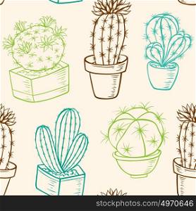Vintage vector seamless pattern with cactus in flowerpot