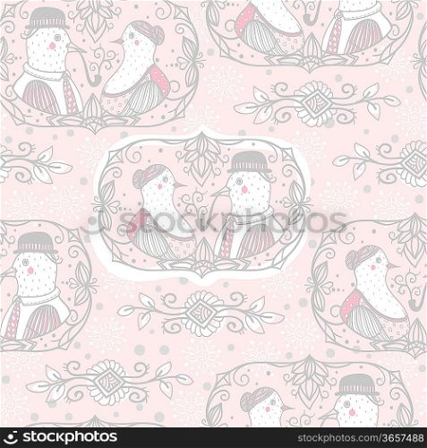 vintage vector seamless pattern with family portraits of funny birds
