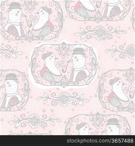 vintage vector seamless pattern with family portraits of funny birds