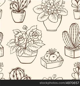Vintage vector seamless pattern with houseplants in flowerpot