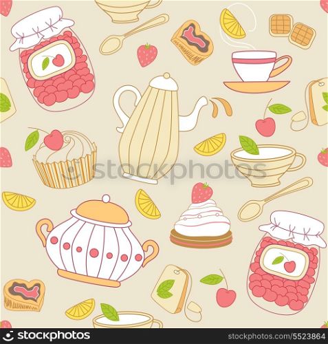 Vintage vector seamless pattern with tea and fruits