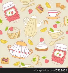 Vintage vector seamless pattern with tea and fruits