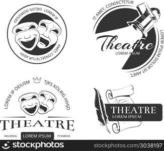 Vintage vector theatre labels, emblems, badges and logo. Vintage vector theatre labels, emblems, badges and logo. Classical theatrical mask, spotlight theatre, performance theatre sign, emblem theatre illustration