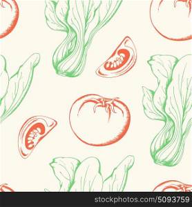 Vintage vegetable seamless pattern with red tomato and green salad