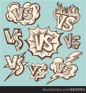 Vintage versus confrontation signs collection. Hand drawn vintage VS or versus confrontation collection. Vector illustration