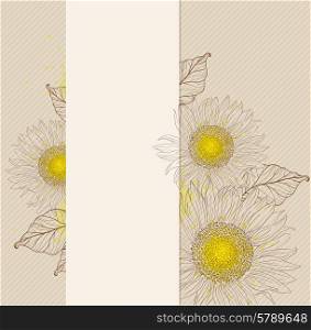 Vintage vertical banner with sunflowers and leaves