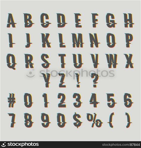 Vintage VHS digital glitch alphabet. Vintage VHS digital glitch alphabet. Retro font distortion effect vector illustration