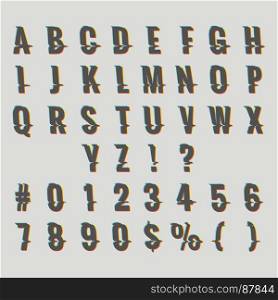 Vintage VHS digital glitch alphabet. Vintage VHS digital glitch alphabet. Retro font distortion effect vector illustration