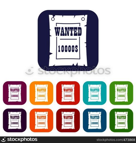 Vintage wanted poster icons set vector illustration in flat style In colors red, blue, green and other. Vintage wanted poster icons set flat