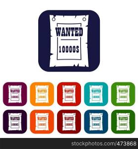 Vintage wanted poster icons set vector illustration in flat style In colors red, blue, green and other. Vintage wanted poster icons set flat