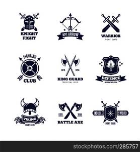 Vintage warrior sword and shield labels. Knight vector badges. Heraldry coat of arms logos. Emblem and label heraldry, sword and coat of arms design illustration. Vintage warrior sword and shield labels. Knight vector badges. Heraldry coat of arms logos