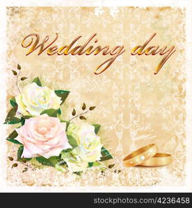 vintage wedding card with roses and rings