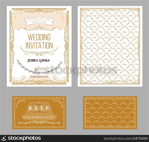 Vintage wedding invitation cards set with text and elegant beautiful ornament and decoration isolated vector illustration. Vintage Wedding Invitation Cards Set