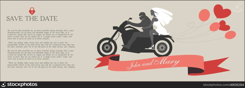 Vintage wedding invitation, the bride and groom on a motorcycle with space for text.2