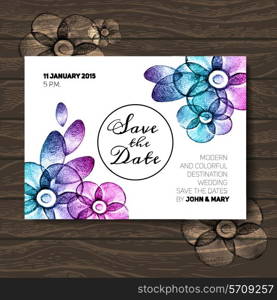 Vintage wedding invitation with flowers. Save the date design. Hand drawn sketch vector illustration
