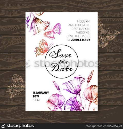 Vintage wedding invitation with flowers. Save the date design. Hand drawn sketch vector illustration