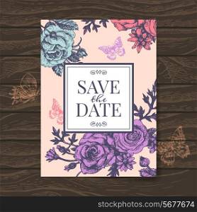 Vintage wedding invitation with rose flowers. Save the date design. Hand drawn sketch vector illustration