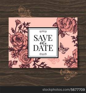 Vintage wedding invitation with rose flowers. Save the date design. Hand drawn sketch vector illustration