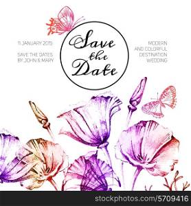 Vintage wedding invitation with watercolor flowers. Save the date design. Hand drawn sketch vector illustration