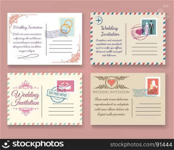 Vintage wedding postcard templates. Vintage wedding postcard vector templates. Old vector marriage invitation postale cards for scrapbook or save date letters