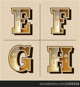 Vintage western alphabet letters font design vector illustration (e, f, g, h)