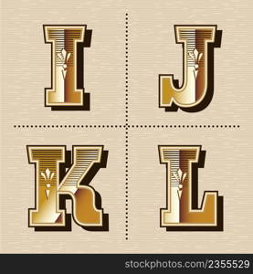 Vintage western alphabet letters font design vector illustration (i, j, k, l)