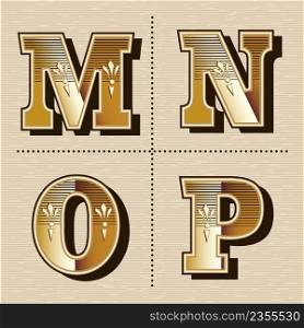 Vintage western alphabet letters font design vector illustration (m, n, o, p)