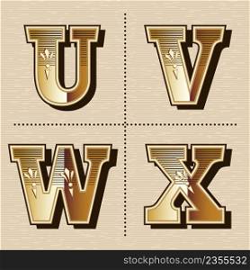 Vintage western alphabet letters font design vector illustration (u, v, w, x)