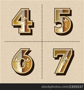 Vintage western numbers alphabet letters font design vector illustration (4, 5, 6, 7)