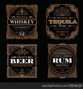 Vintage whiskey and alcoholic beverages vector labels in art deco retro style. Alcohol whiskey rum and tequila poster illustration. Vintage whiskey and alcoholic beverages vector labels in art deco retro style
