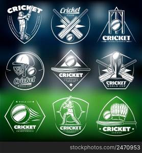 Vintage white cricket labels set with inscriptions players sport equipment wicket cup on blurred stadium background isolated vector illustration . Vintage White Cricket Labels Set