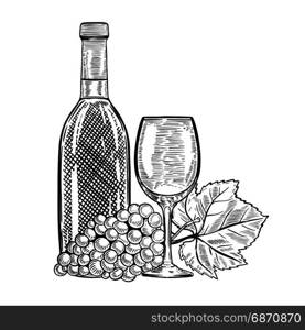 Vintage wine bottle with grapes and wine glass. Design elements for menu, poster, card. Vector illustration