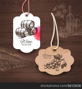 Vintage wine labels. Hand drawn illustrations. Wooden background with sketches