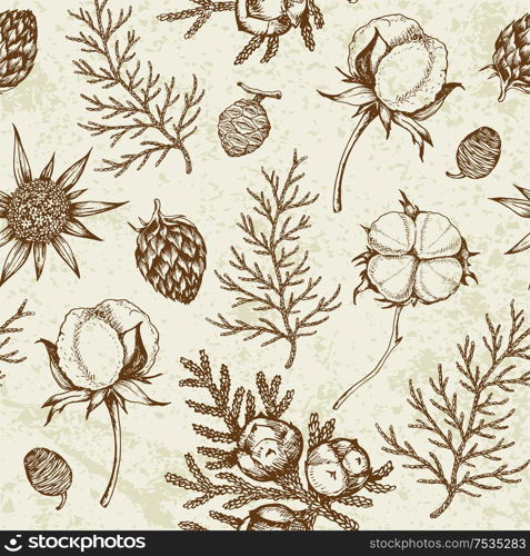 Vintage winter seamless pattern with evergreen plants and cotton flowers. Decorative background for Christmas and new year. Hand drawn vector pattern.