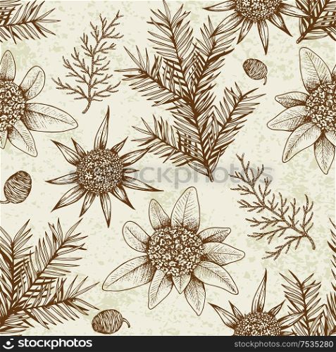 Vintage winter seamless pattern with evergreen plants and flowers. Decorative background for Christmas and new year. Hand drawn vector pattern.