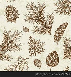 Vintage winter seamless pattern with evergreen plants. Decorative background for Christmas and new year. Hand drawn vector pattern.
