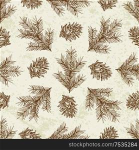 Vintage winter seamless pattern with fir branches and cones. Decorative background for Christmas and new year. Hand drawn vector pattern.
