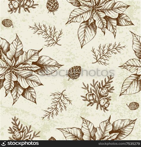 Vintage winter seamless pattern with poinsettia flowers and evergreen plants. Decorative background for Christmas and new year. Hand drawn vector pattern.