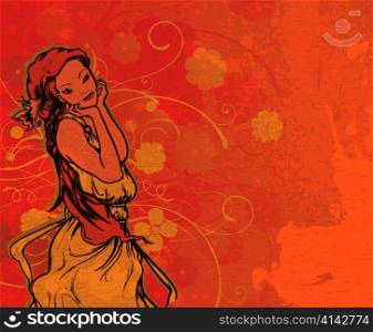 vintage woman with grunge floral background vector illustration